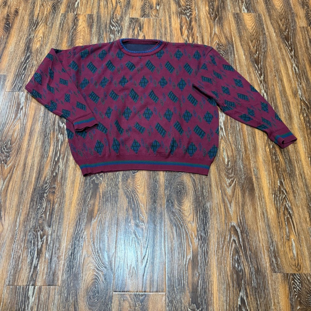 Vintage XL Sweater Mens Burgundy Green Geometric Argyle Vintage 90s Crewneck
